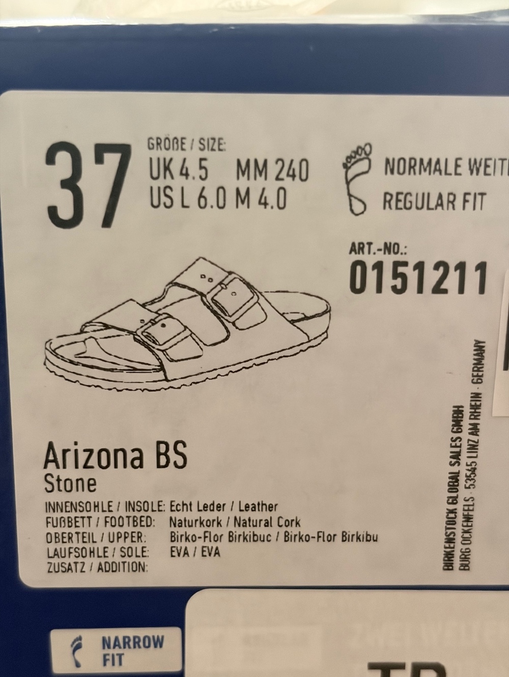 Birkenstock Arizona BS Stone Narrow Sandals Women’s 6 EU 37 0151211 - Picture 8 of 8